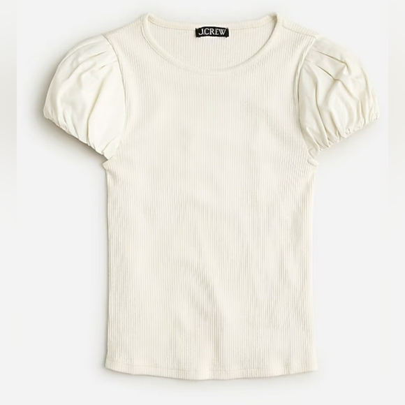 Nwt J.Crew Vintage Rib Tee / Poplin Puff Sleeves,  in Natural size Small - Picture 1 of 6